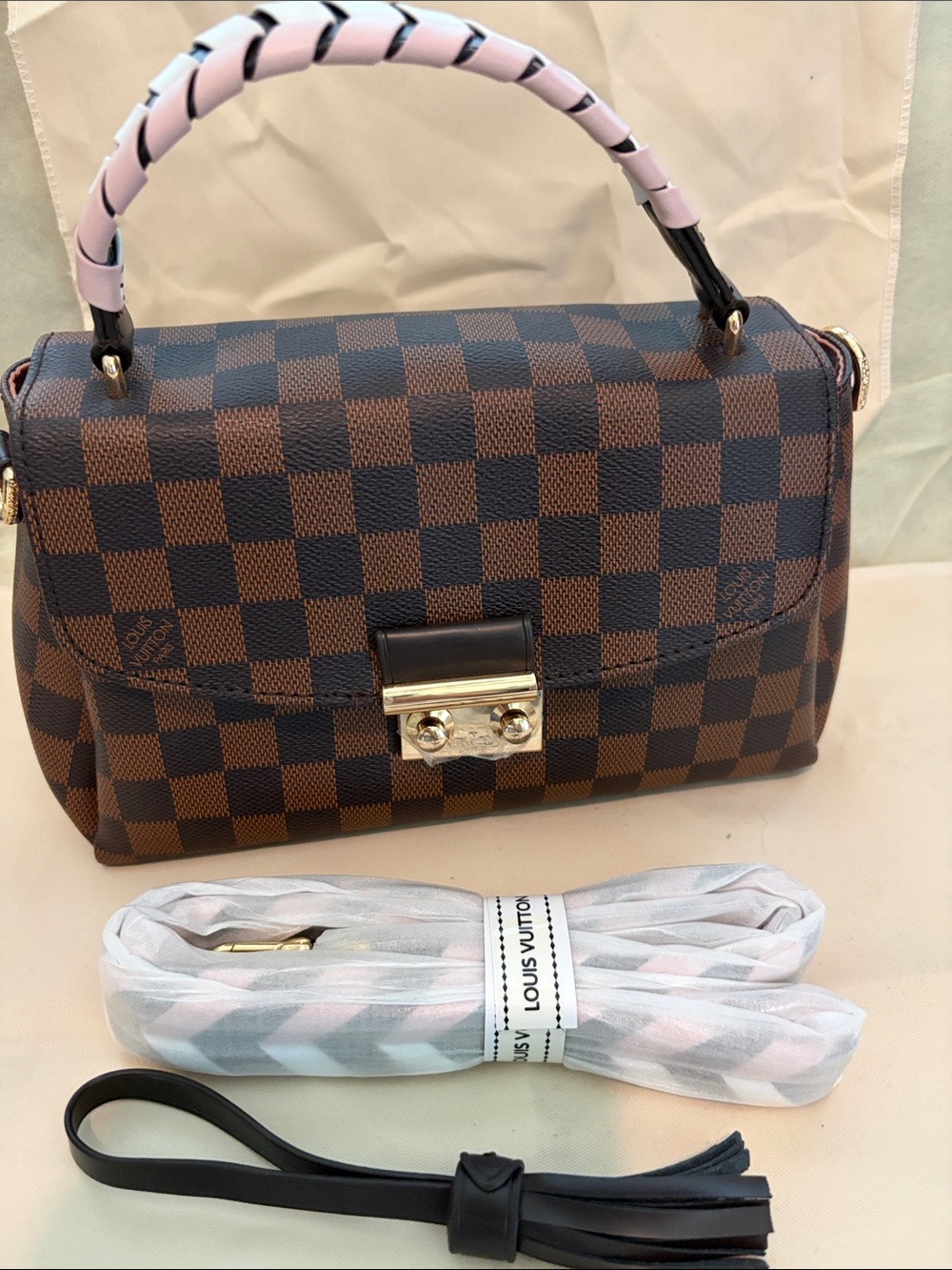 Louis Vuitton Brown Damier Satchel with Pink-Accented Handle